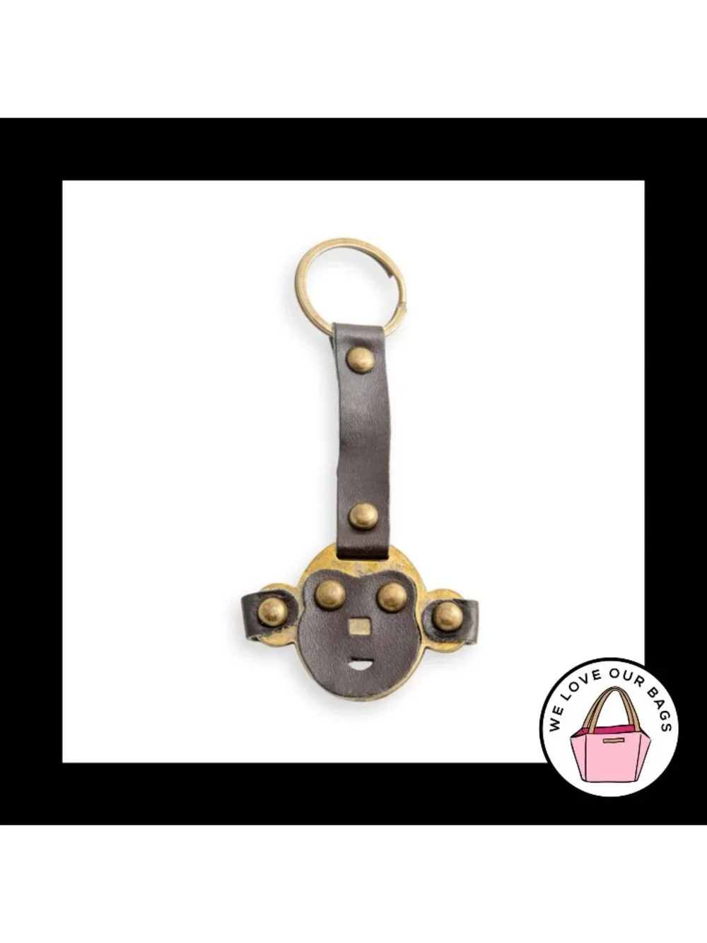 Rare KIPLING MONKEY FACE Brown Leather Brass Bag Charm Hang Tag Keychain Fob